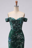 Off the Shoulder Sparkly Dark Green Long Mermaid Floral Beaded Prom Dress with Slit