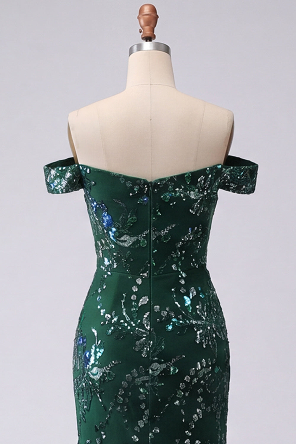 Off the Shoulder Sparkly Dark Green Long Mermaid Floral Beaded Prom Dress with Slit