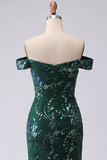 Off the Shoulder Sparkly Dark Green Long Mermaid Floral Beaded Prom Dress with Slit