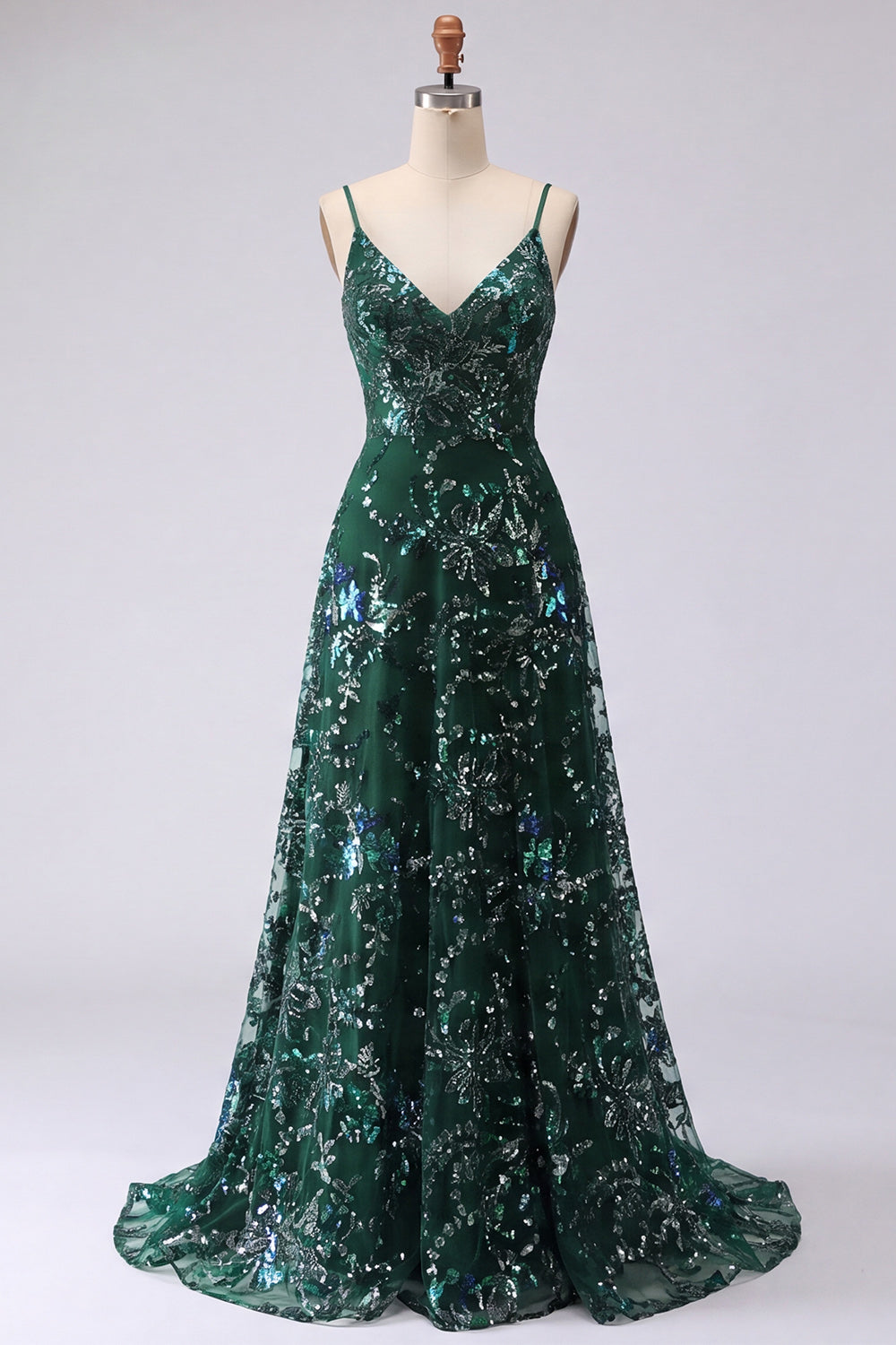 Sparkly Dark Green Spaghetti Straps Long A Line Floral Beaded Prom Dress
