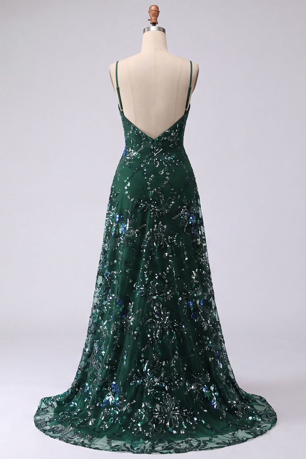 Sparkly Dark Green Spaghetti Straps Long A Line Floral Beaded Prom Dress