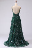 Sparkly Dark Green Spaghetti Straps Long A Line Floral Beaded Prom Dress