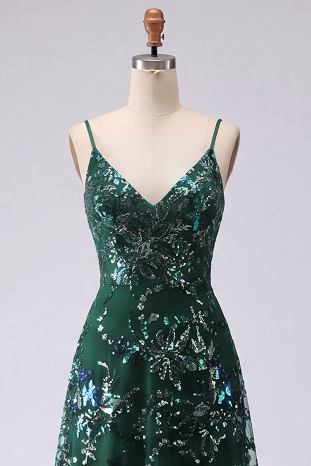 Sparkly Dark Green Spaghetti Straps Long A Line Floral Beaded Prom Dress