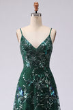 Sparkly Dark Green Spaghetti Straps Long A Line Floral Beaded Prom Dress