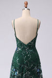 Sparkly Dark Green Spaghetti Straps Long A Line Floral Beaded Prom Dress