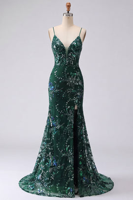 V-Neck Sparkly Dark Green Long Mermaid Floral Beaded Prom Dress with Slit