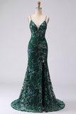 V-Neck Sparkly Dark Green Long Mermaid Floral Beaded Prom Dress with Slit