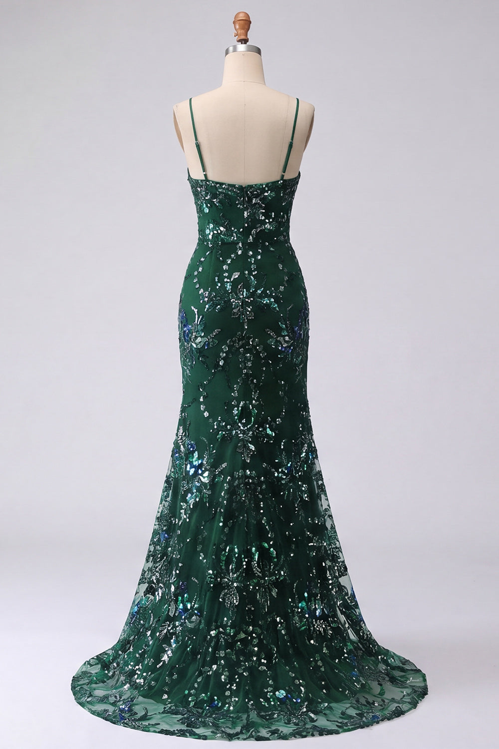 V-Neck Sparkly Dark Green Long Mermaid Floral Beaded Prom Dress with Slit