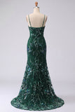 V-Neck Sparkly Dark Green Long Mermaid Floral Beaded Prom Dress with Slit