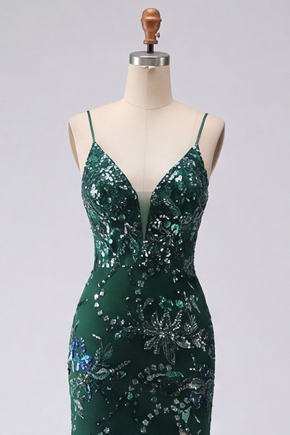 V-Neck Sparkly Dark Green Long Mermaid Floral Beaded Prom Dress with Slit