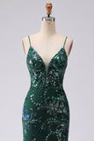 V-Neck Sparkly Dark Green Long Mermaid Floral Beaded Prom Dress with Slit