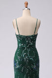 V-Neck Sparkly Dark Green Long Mermaid Floral Beaded Prom Dress with Slit