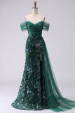 Long Mermaid Sparkly Dark Green Floral Ruched Beaded Prom Dress with Side Cape