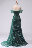 Long Mermaid Sparkly Dark Green Floral Ruched Beaded Prom Dress with Side Cape