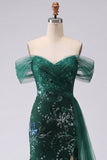 Long Mermaid Sparkly Dark Green Floral Ruched Beaded Prom Dress with Side Cape