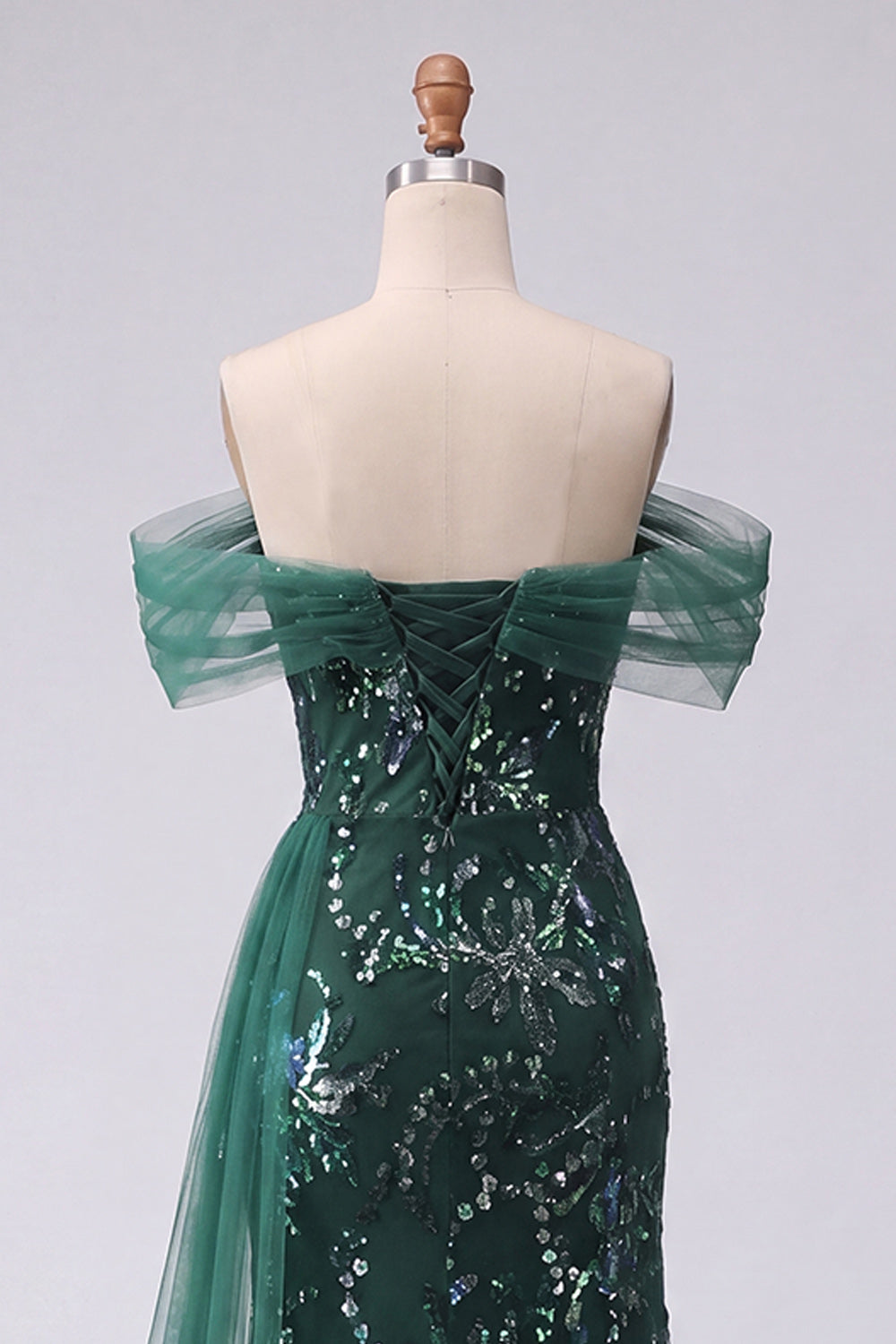 Long Mermaid Sparkly Dark Green Floral Ruched Beaded Prom Dress with Side Cape