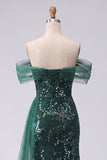 Long Mermaid Sparkly Dark Green Floral Ruched Beaded Prom Dress with Side Cape