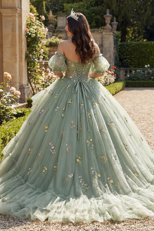 Dusty Sage Princess Floral Long Corset Quinceanera Dress with Ruffles