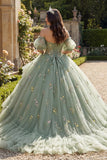 Dusty Sage Princess Floral Long Corset Quinceanera Dress with Ruffles