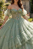 Dusty Sage Princess Floral Long Corset Quinceanera Dress with Ruffles