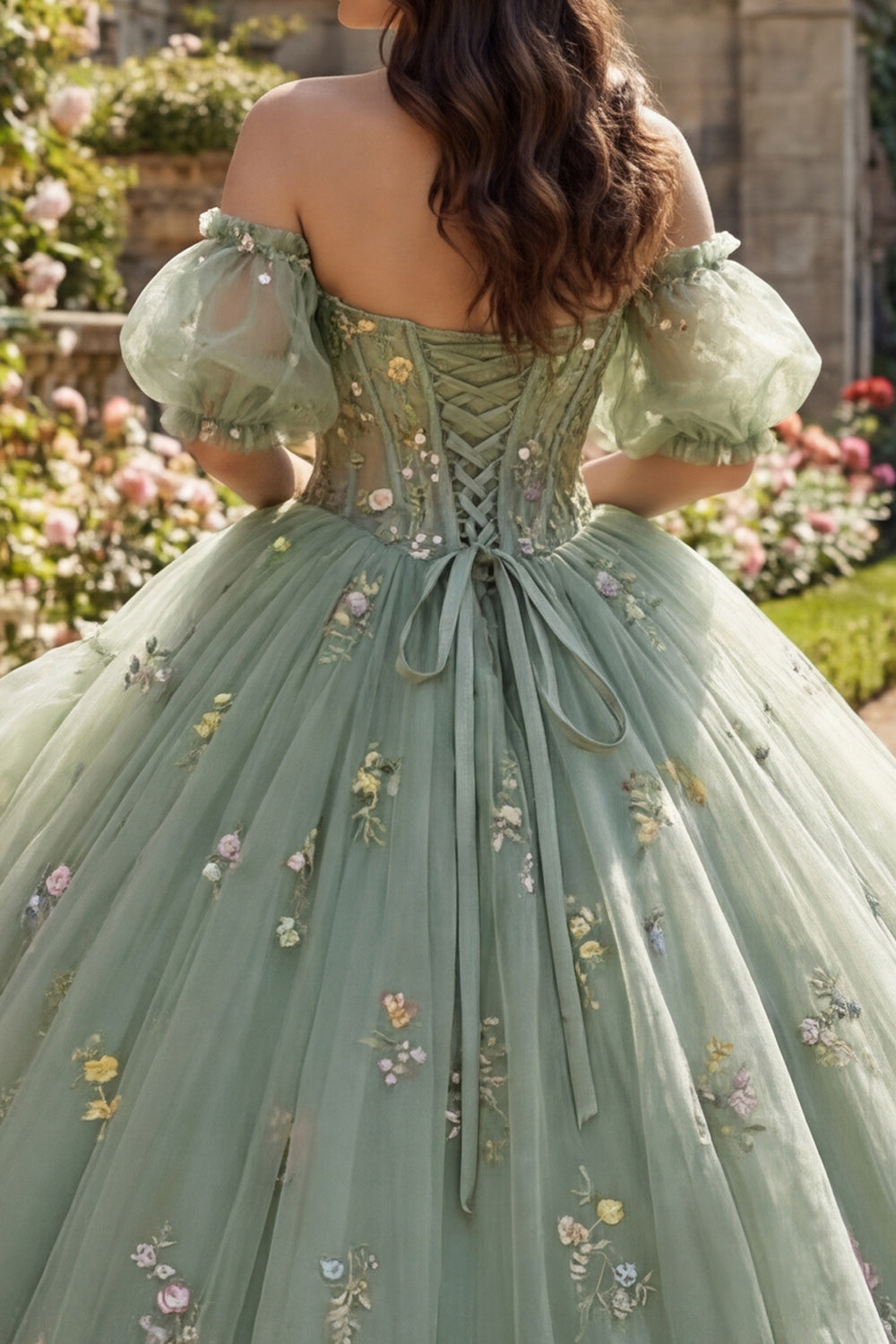 Dusty Sage Princess Floral Long Corset Quinceanera Dress with Ruffles