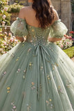 Dusty Sage Princess Floral Long Corset Quinceanera Dress with Ruffles