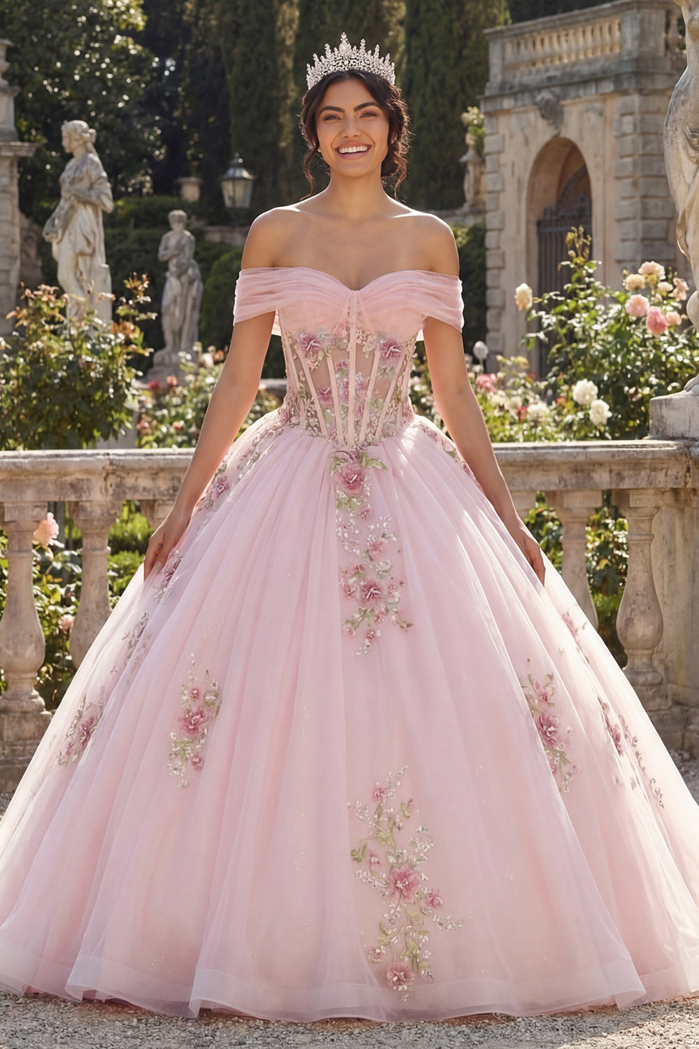 Off the Shoulder Pink Princess Floral Long Corset Quinceanera Dress