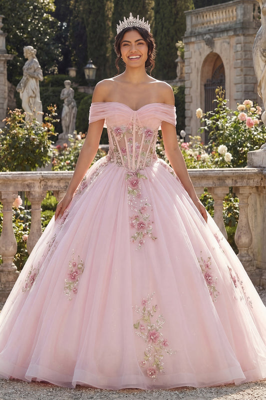 Off the Shoulder Pink Princess Floral Long Corset Quinceanera Dress