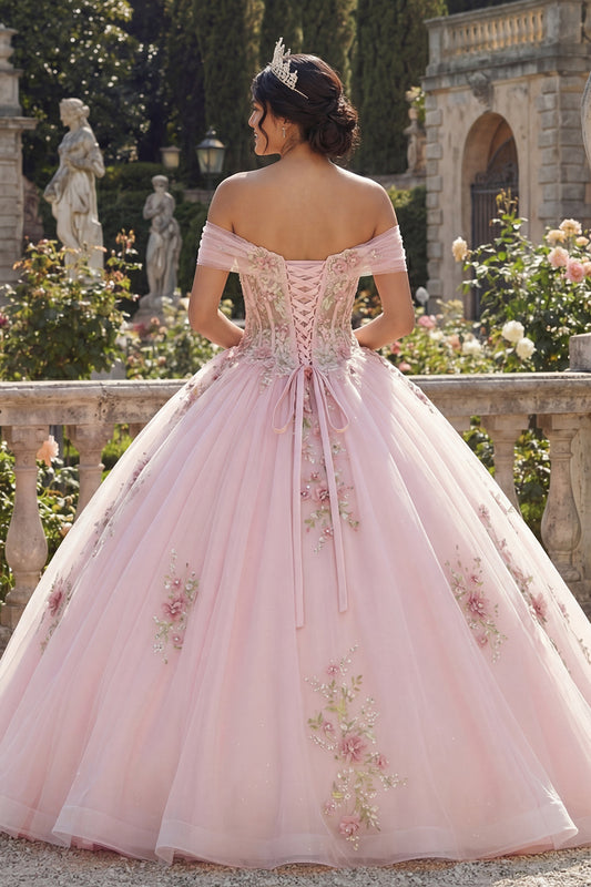 Off the Shoulder Pink Princess Floral Long Corset Quinceanera Dress