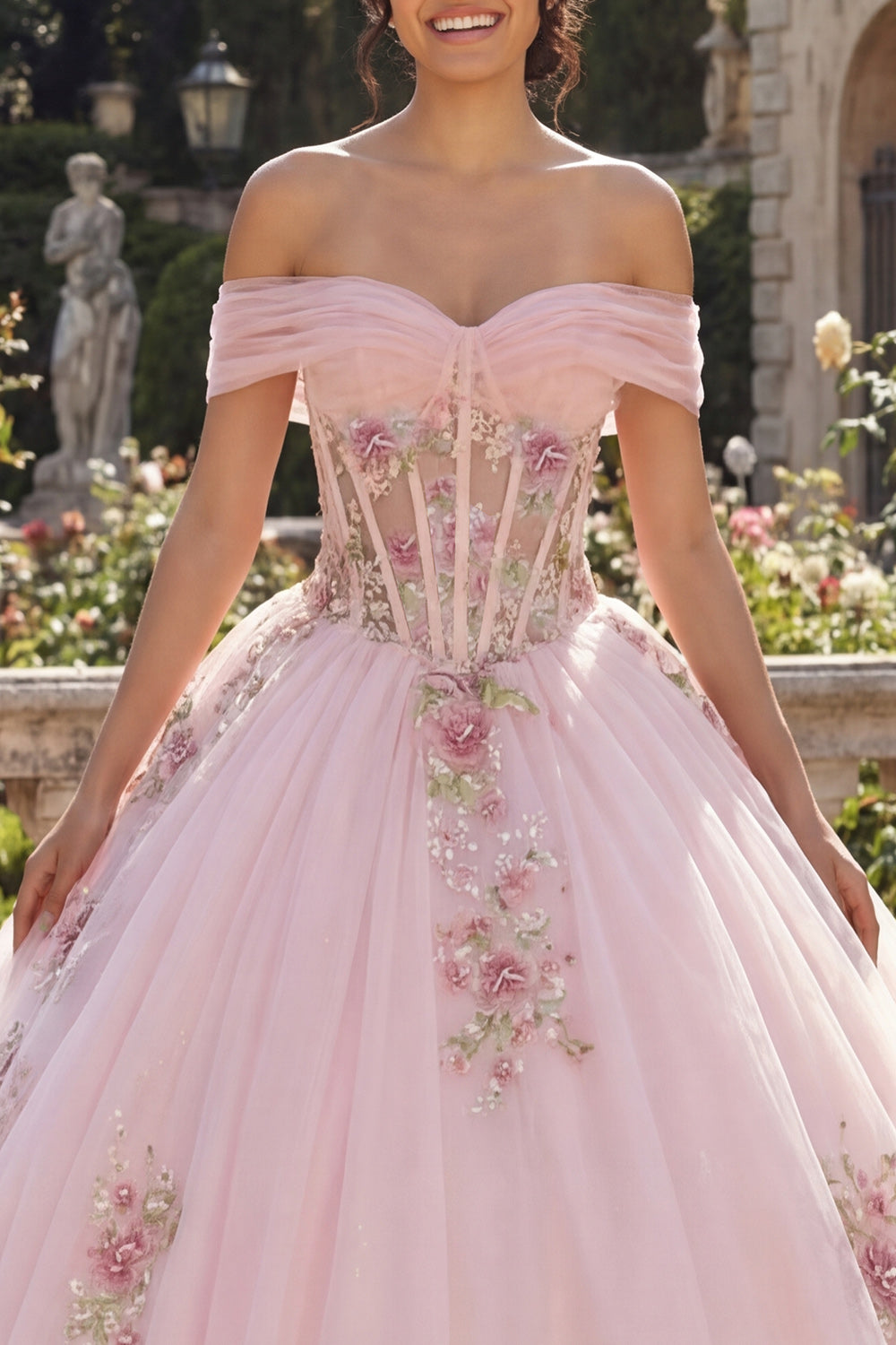 Off the Shoulder Pink Princess Floral Long Corset Quinceanera Dress