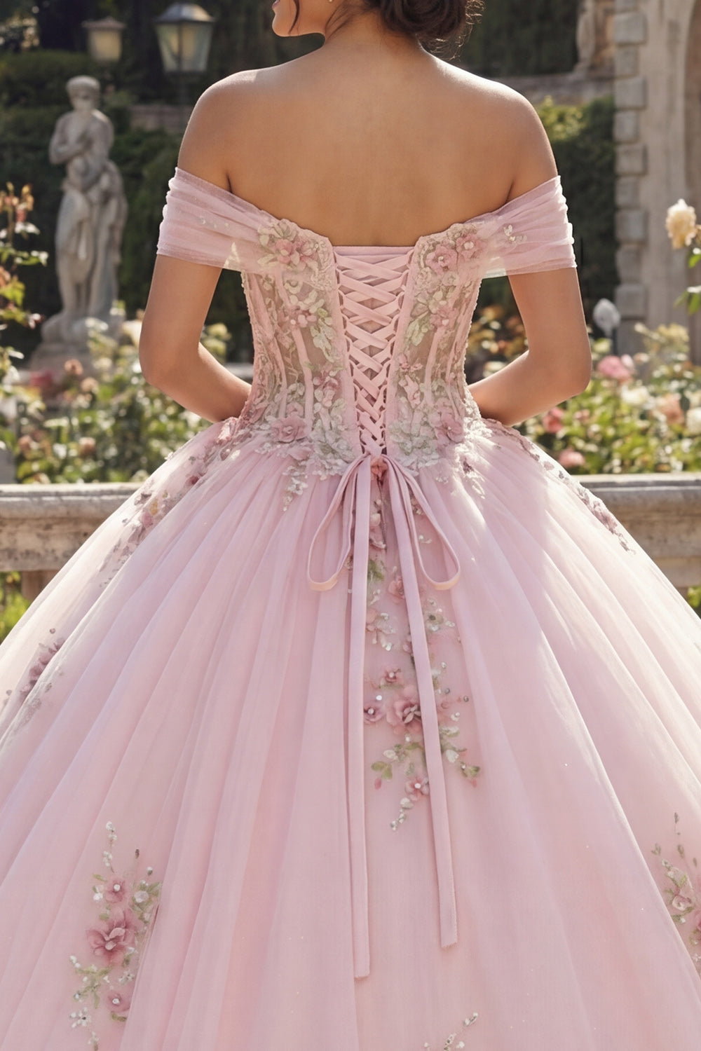 Off the Shoulder Pink Princess Floral Long Corset Quinceanera Dress