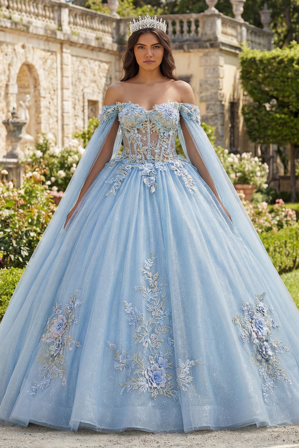 Sky Blue Glitter Princess Floral Long Corset Quinceanera Dress with Cape