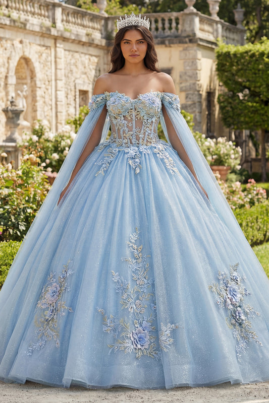 Sky Blue Glitter Princess Floral Long Corset Quinceanera Dress with Cape