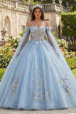 Sky Blue Glitter Princess Floral Long Corset Quinceanera Dress with Cape