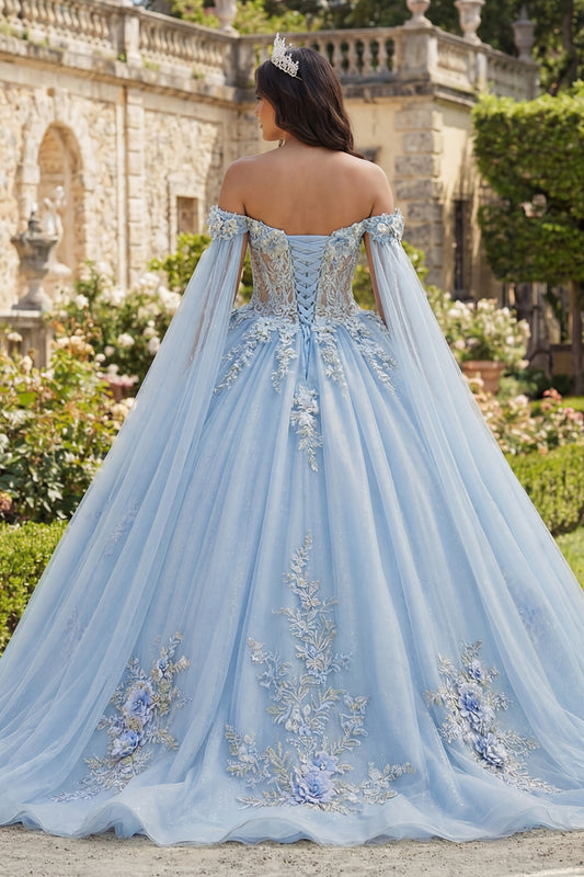 Sky Blue Glitter Princess Floral Long Corset Quinceanera Dress with Cape