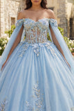 Sky Blue Glitter Princess Floral Long Corset Quinceanera Dress with Cape