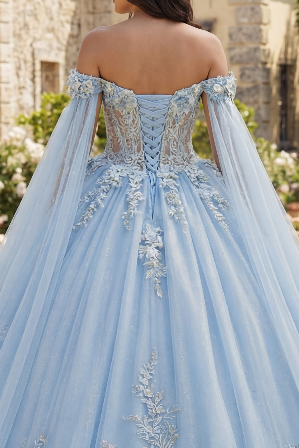Sky Blue Glitter Princess Floral Long Corset Quinceanera Dress with Cape