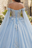 Sky Blue Glitter Princess Floral Long Corset Quinceanera Dress with Cape