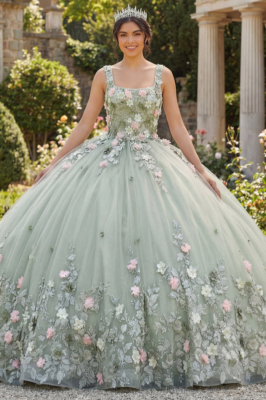 Zapakasa Women Sage Green Beaded Tulle Long Floral Corset Quinceanera Dress  Princess Square Neck Lace Up Back Ball Gown Sweet 16 Dress