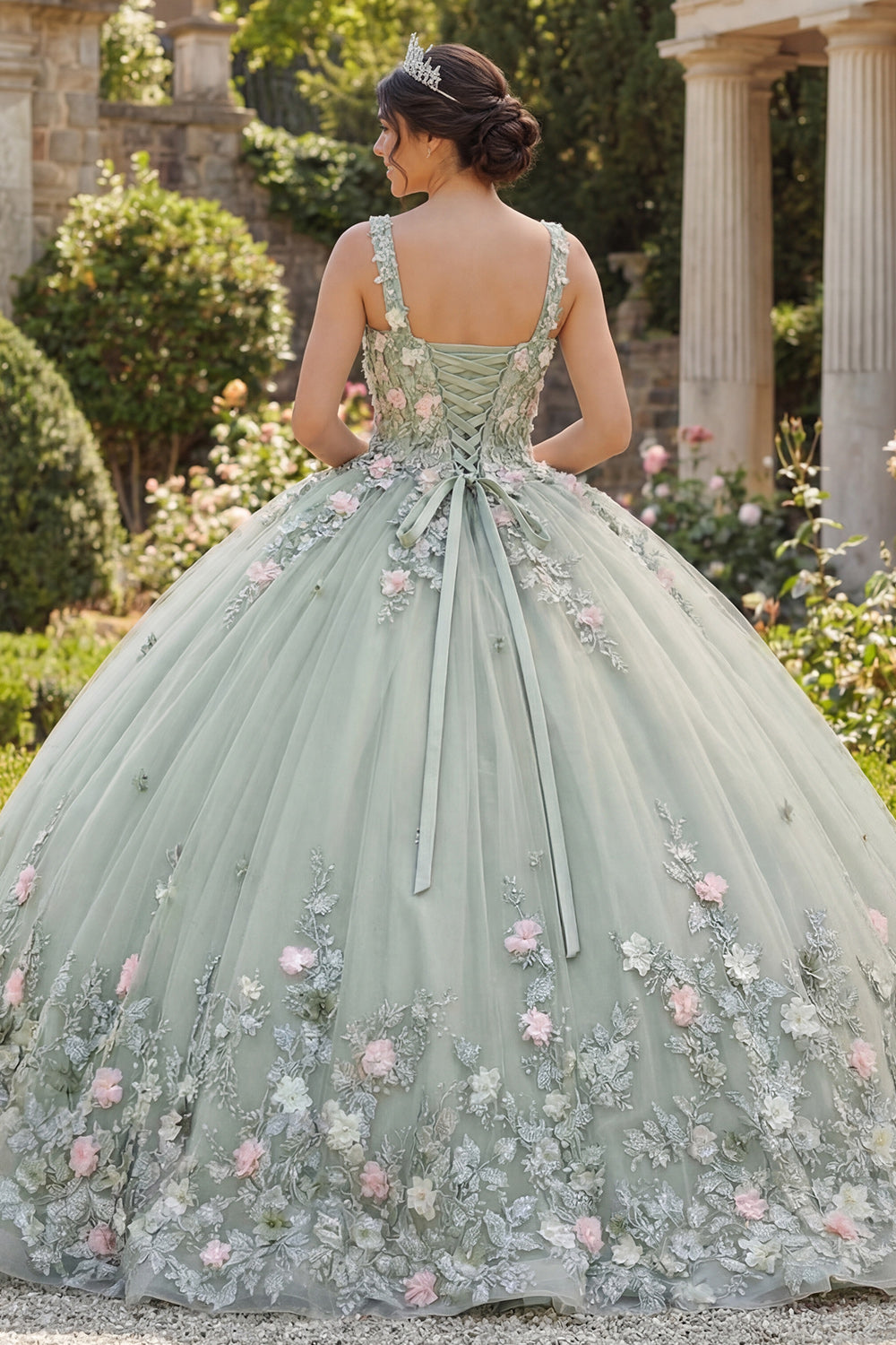 Square Neck Sage Green Princess Beaded Floral Long Corset Quinceanera Dress