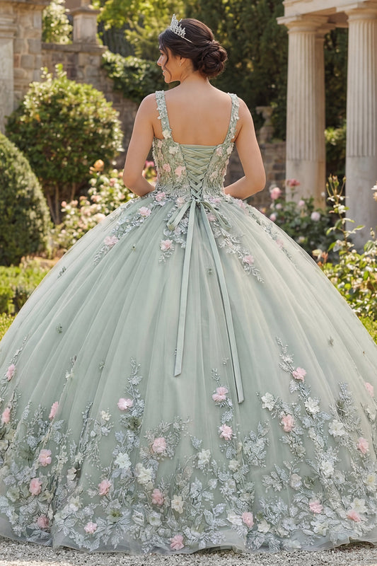 Zapakasa Women Sage Green Beaded Tulle Long Floral Corset Quinceanera Dress  Princess Square Neck Lace Up Back Ball Gown Sweet 16 Dress