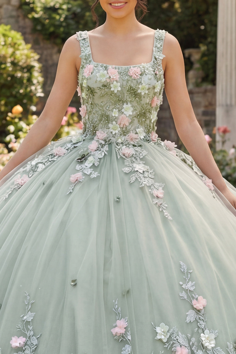 Square Neck Sage Green Princess Beaded Floral Long Corset Quinceanera Dress