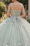 Square Neck Sage Green Princess Beaded Floral Long Corset Quinceanera Dress
