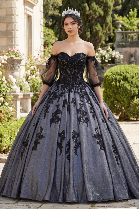 Black Princess Beaded Floral Long Quinceanera Dress with Lace