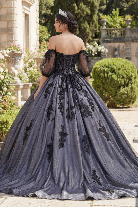 Black Princess Beaded Floral Long Quinceanera Dress with Lace