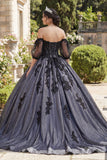 Black Princess Beaded Floral Long Quinceanera Dress with Lace