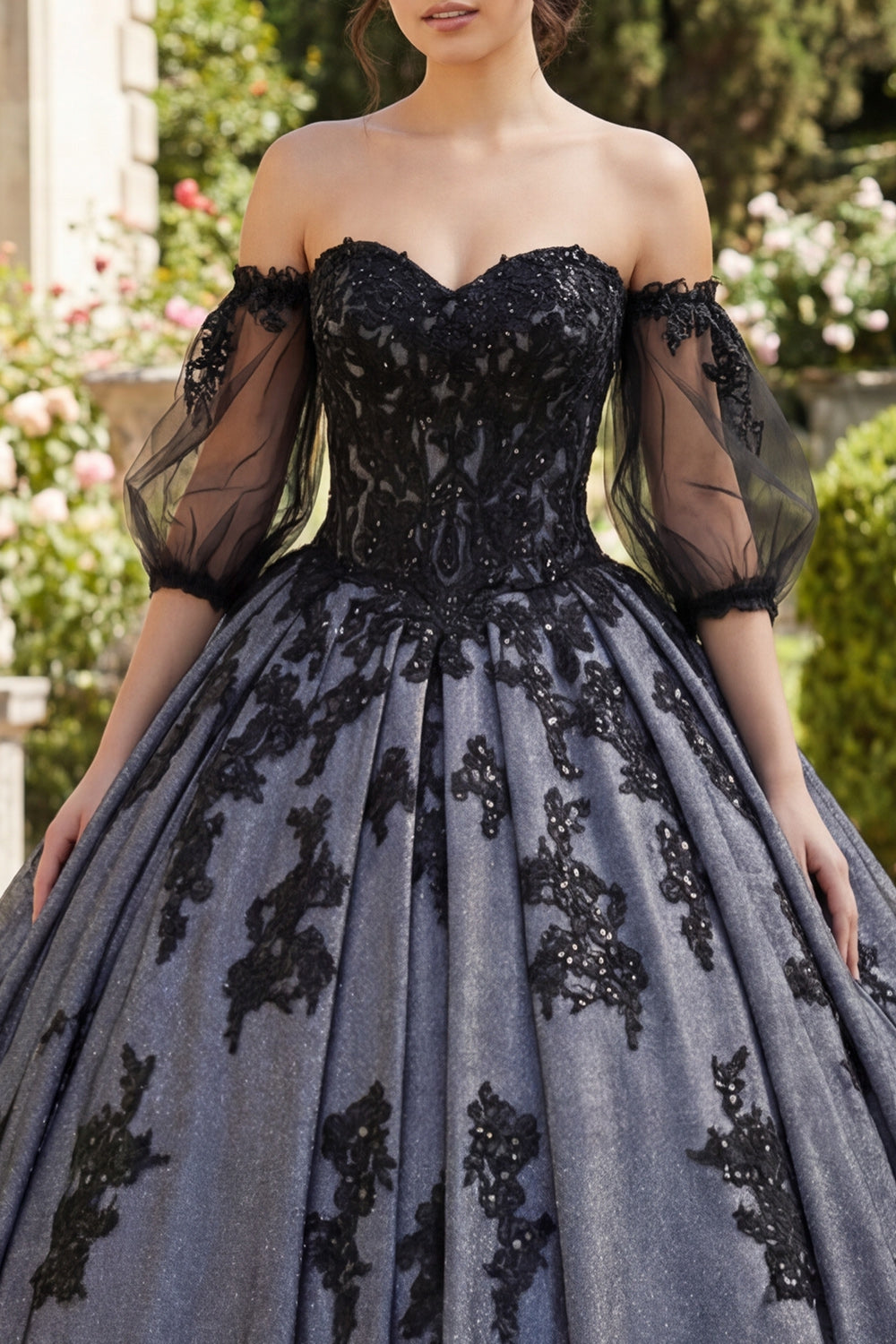 Black Princess Beaded Floral Long Quinceanera Dress with Lace