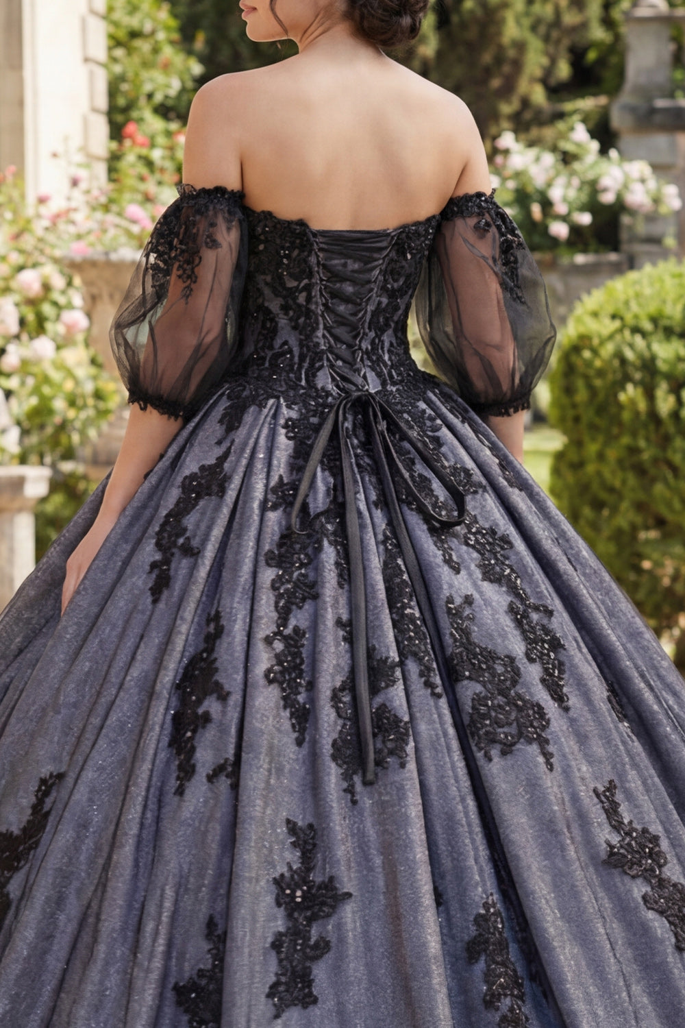 Black Princess Beaded Floral Long Quinceanera Dress with Lace