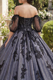 Black Princess Beaded Floral Long Quinceanera Dress with Lace