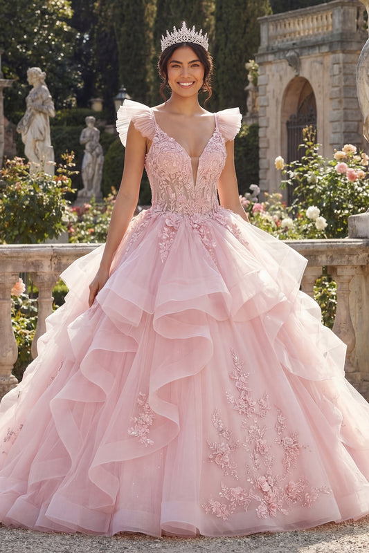 Zapakasa Women Pink Tulle Long Floral Corset Quinceanera Dress with Ruffles  Princess V-Neck Lace Up Back Ball Gown Sweet 16 Dress